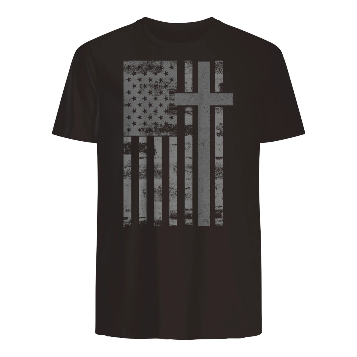 (Art) American Flag Christian Faith Cross Patriotic T-Shirt in Dark Chocolate - back view