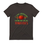I Love Gardening From My Head Tomatoes Funny T-Shirt in Dark Chocolate - back view
