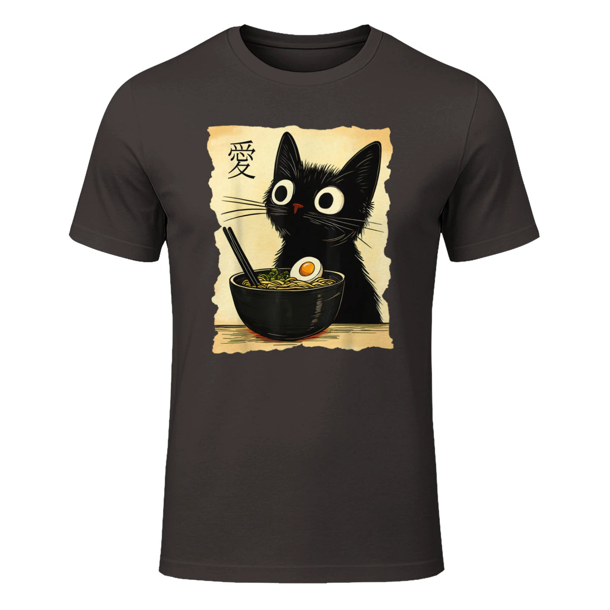 Funny Cat Ramen Graphic Tee Japanese Kawaii Anime Cat T-Shirt in Dark Chocolate - front view