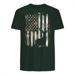 Camo US Flag Deer Elk Buck Camoflage Hunting Hunter Dad Gift Short Sleeve in Forest Green - back view