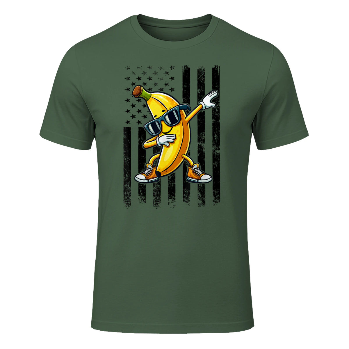 Dabbing Banana Retro American Flag Banana Lover Boys Kids T-Shirt in Military Green - front view