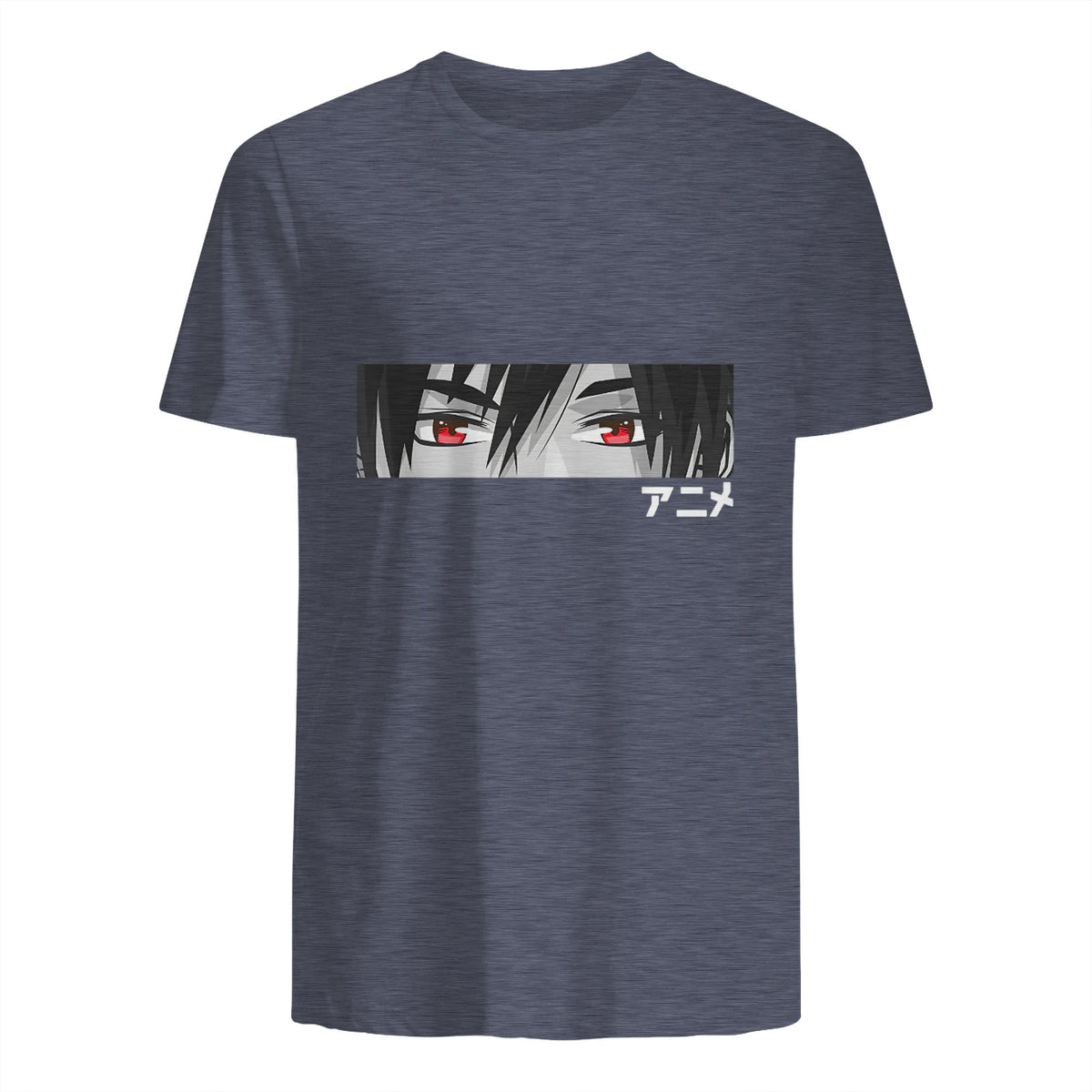 Anime in Japanese Characters Kawaii Eyes Face Short Sleeve in Heather Navy - back view