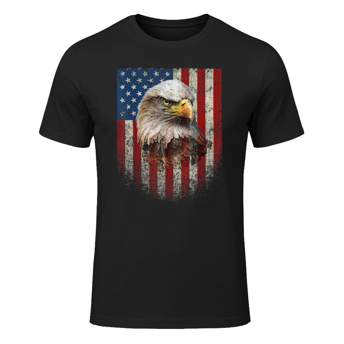 American Flag Bald Eagle Patriotic Red White Blue T-Shirt in Black - front view