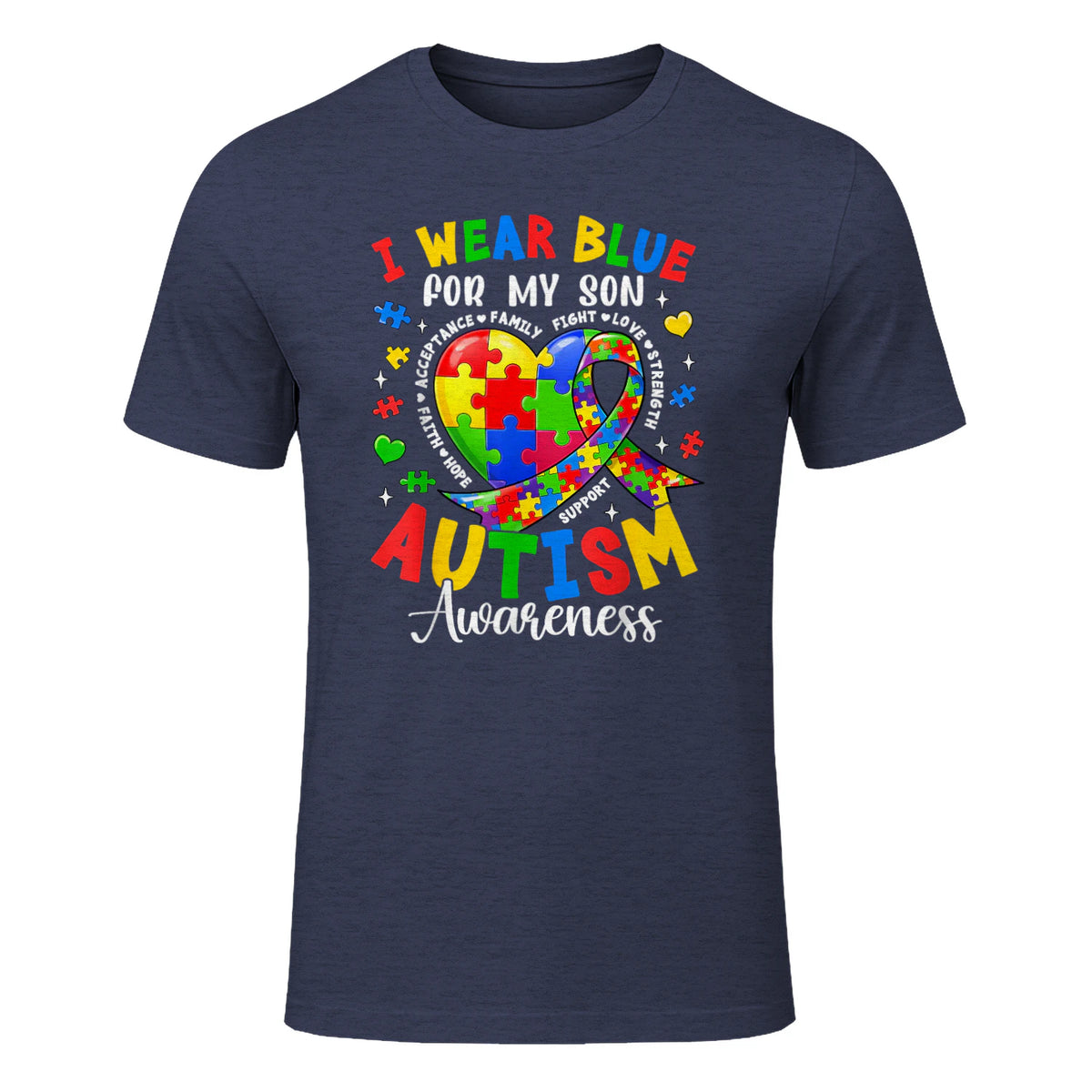 I Wear Blue for My Son Autism Awareness for Women Autism Mom in Heather Navy - front view