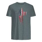 American USA Flag Christian Cross T-Shirt in Dark Heather - back view