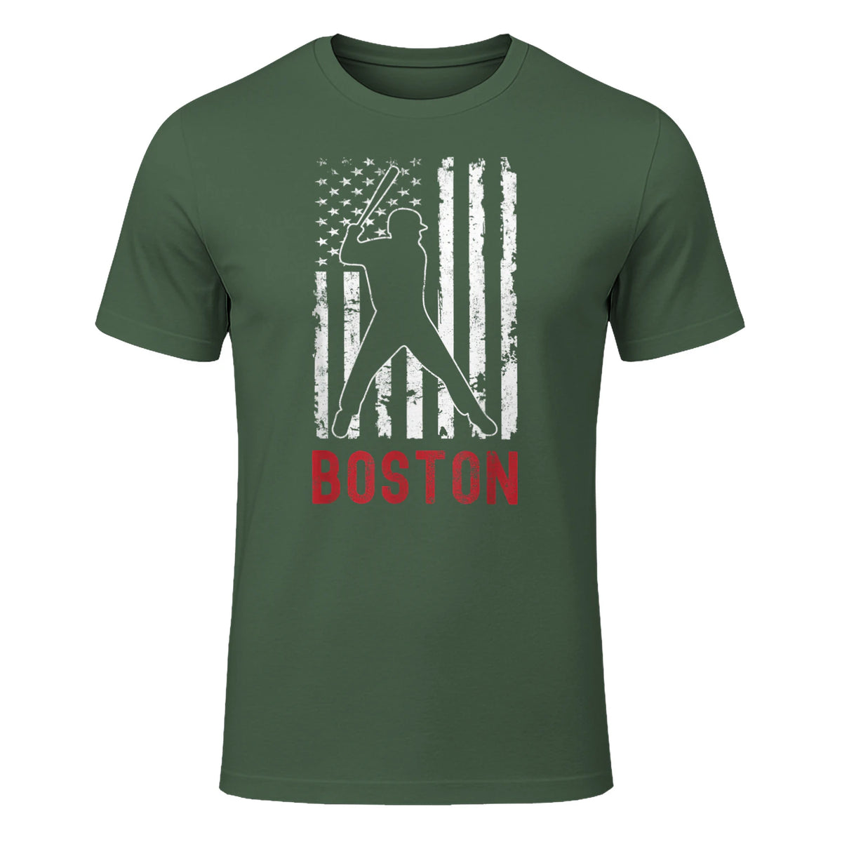 Boston Massachusetts American Flag Baseball Weathered T-Shirt in Military Green - front view