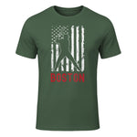 Boston Massachusetts American Flag Baseball Weathered T-Shirt in Military Green - front view