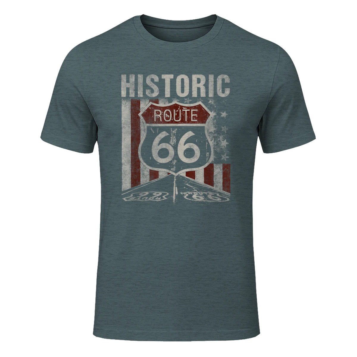Historic USA Route Sixty-Six Highway Road Sign T-Shirt in Dark Heather - front view