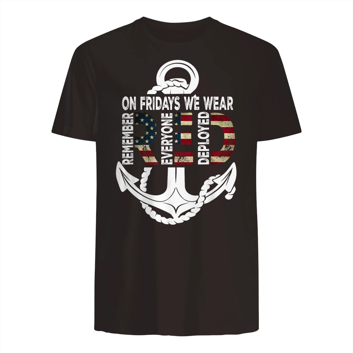 On Fridays We Wear Red Remember Everyone Deployed Navy T-Shirt in Dark Chocolate - back view