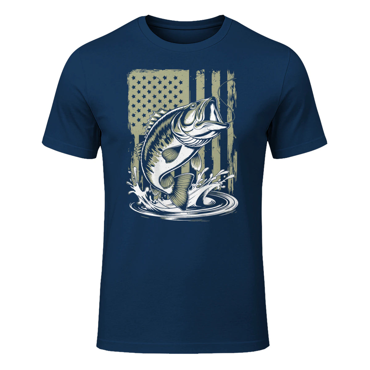 Fishing Camo Bass Fish American Flag Men's Fisherman Gift T-Shirt in Navy - front view