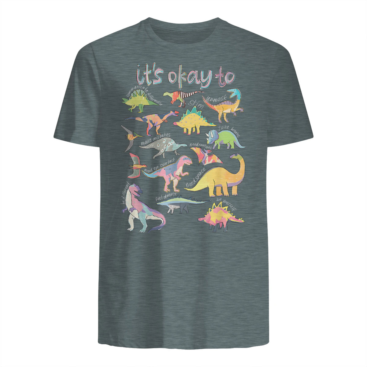 Autism Awareness It's Okay to Be Different Funny Dinosaur in Dark Heather - back view