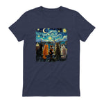 Funny Cat Starry Night Van Gogh Cats Rooftop Scene Feline T-Shirt in Heather Navy - back view