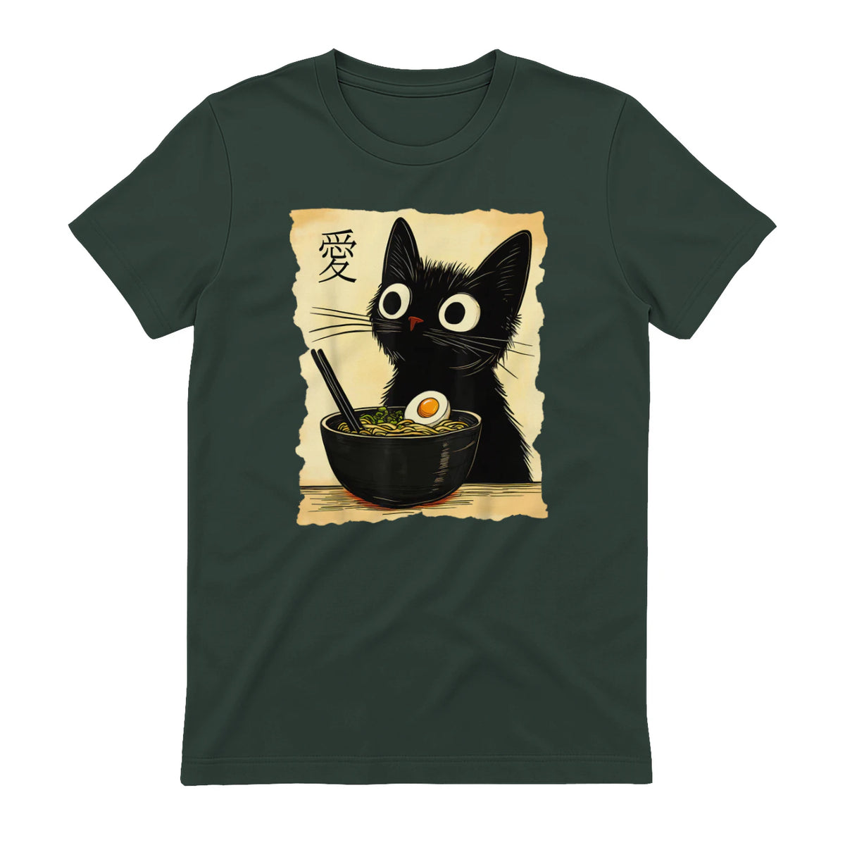 Funny Cat Ramen Graphic Tee Japanese Kawaii Anime Cat T-Shirt in Forest Green - back view