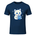 Kawaii Cat Boba Japanese Cute Aesthetic Anime Girls Teens T-Shirt in Navy - front view