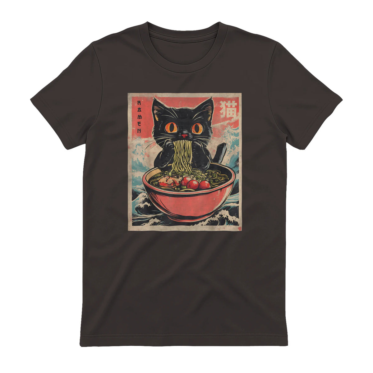 Unisex Adults Cat Ramen Japanese Funny Graphic Tees Kawaii Cat Anime Gifts T-Shirt in Dark Chocolate - back view