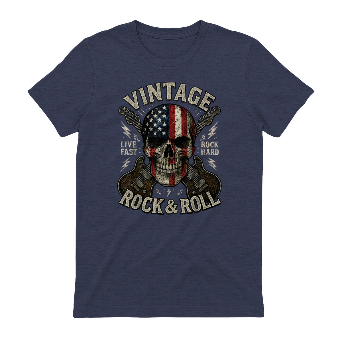 Vintage Rock Skull American Flag Guitar Retro Rock and Roll T-Shirt in Heather Navy - back view