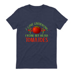 I Love Gardening From My Head Tomatoes Funny T-Shirt in Heather Navy - back view