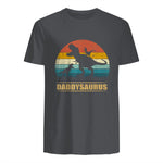 Daddy Dinosaur Daddysaurus Two Kids Funny Father's Day T-Shirt in Charcoal - back view