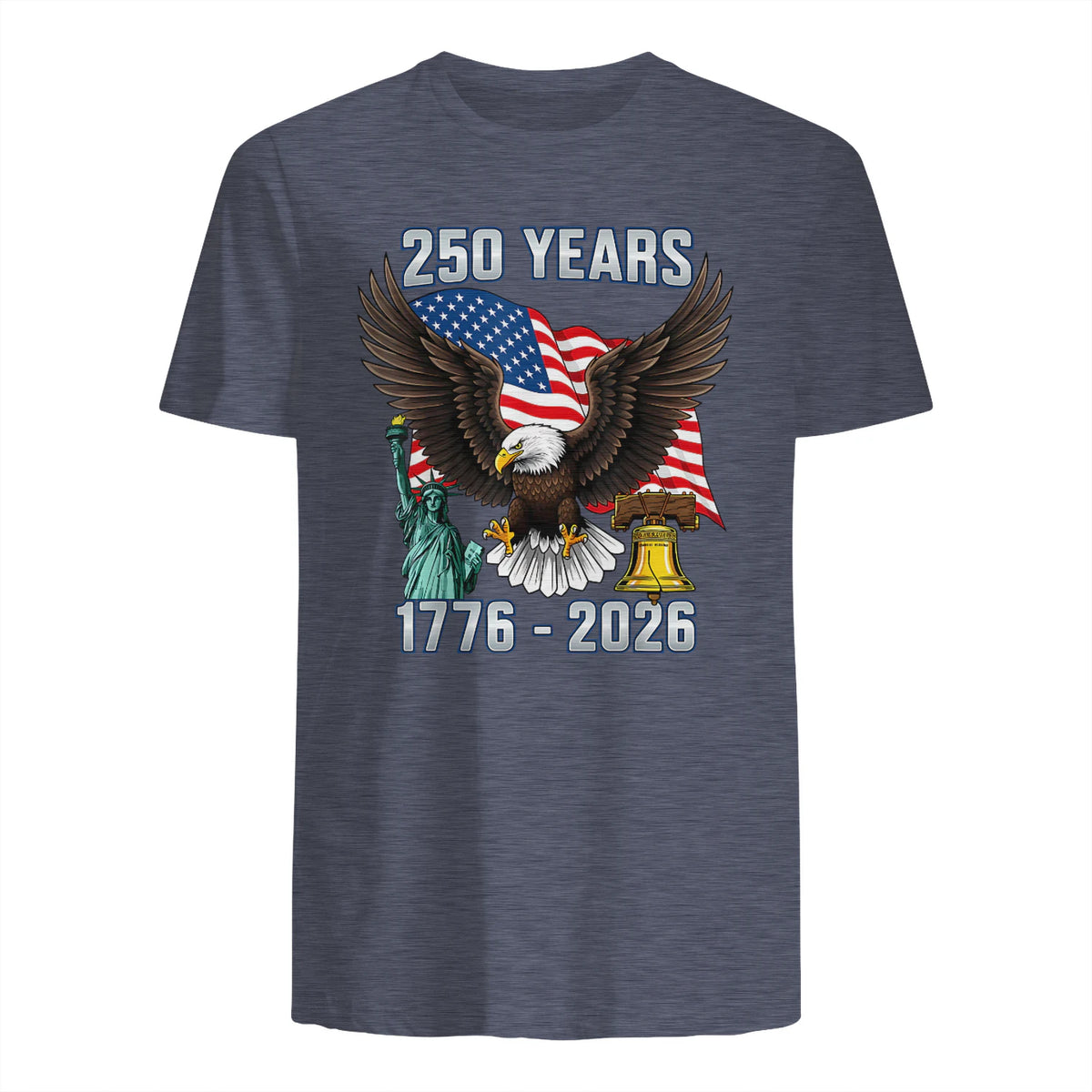 American Flag Fourth of July Anniversary T-Shirt in Heather Navy - back view