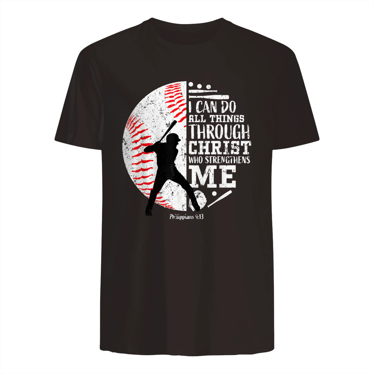 Philippians Four Thirteen Baseball Player Graphic with Bible Verse T-Shirt in Dark Chocolate - back view