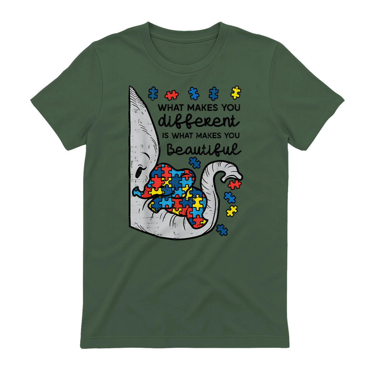 What Makes You Different Autism Awareness T-Shirt in Military Green - back view