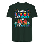 Autism Rocks Rolls Spins Flaps Awareness Boys Kids Women Men in Forest Green - back view