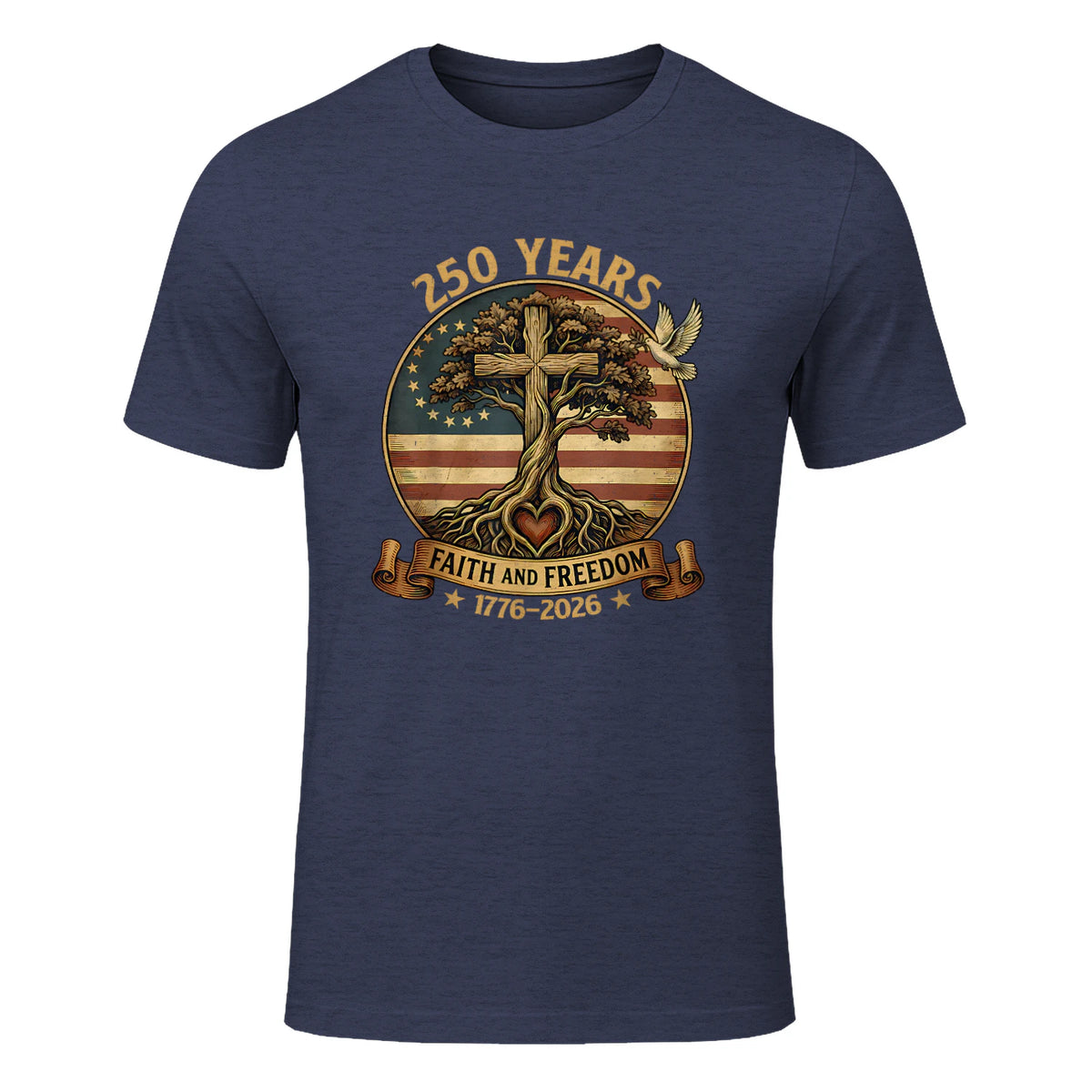 Faith and Freedom Christian USA Anniversary T-Shirt in Heather Navy - front view