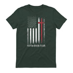Christian US USA Flag American Christ Faith Over Fear Cross T-Shirt in Forest Green - back view