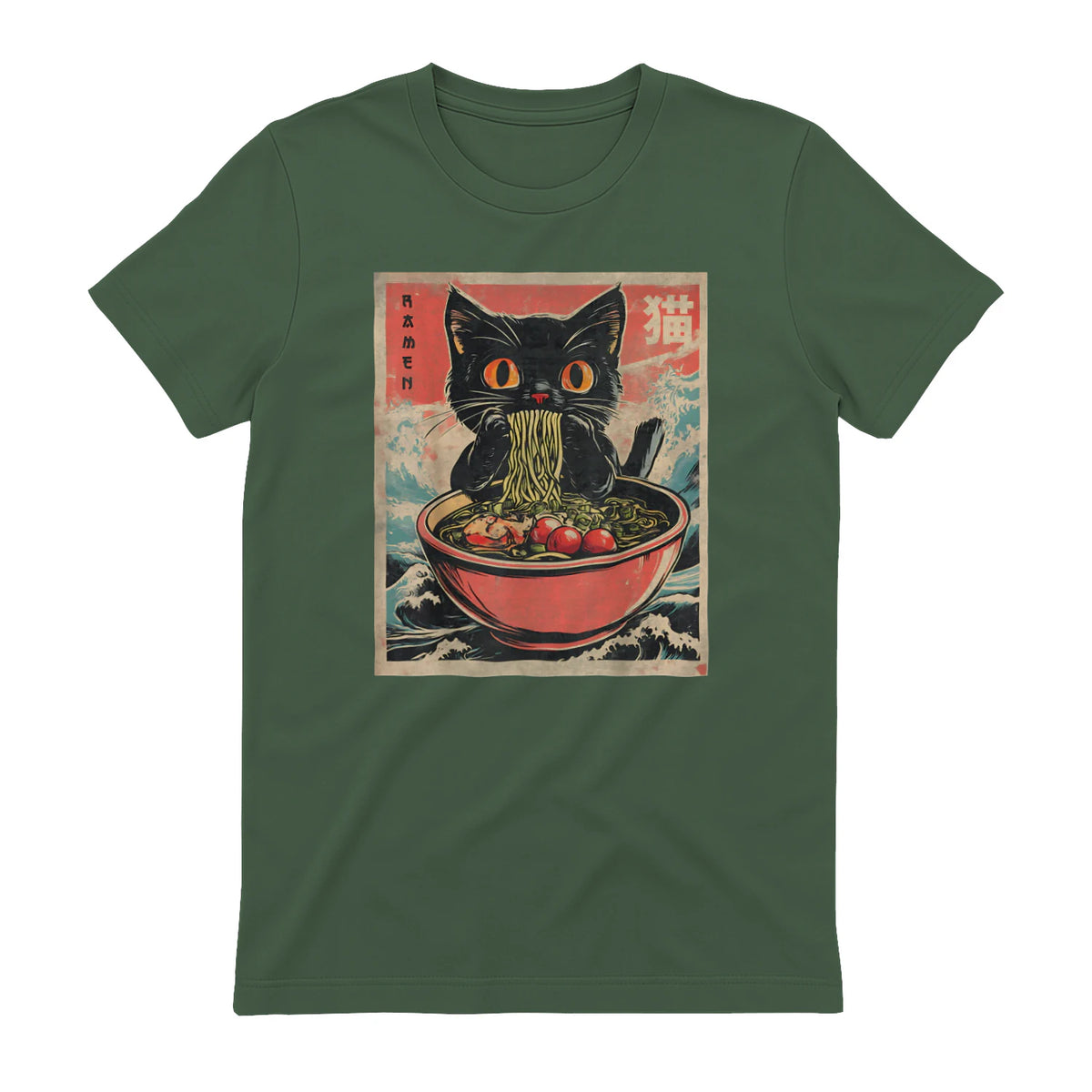 Unisex Adults Cat Ramen Japanese Funny Graphic Tees Kawaii Cat Anime Gifts T-Shirt in Military Green - back view