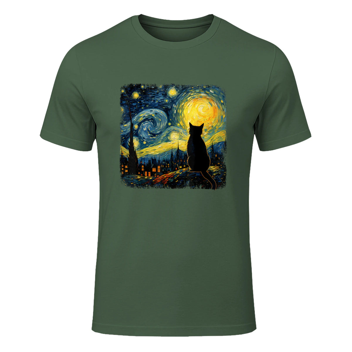 Starry Night Cat Lover T-Shirt in Military Green - front view