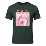 Funny Retro Nineties Japanese Kawaii Strawberry Milk Shake Carton T-Shirt in Forest Green - front view