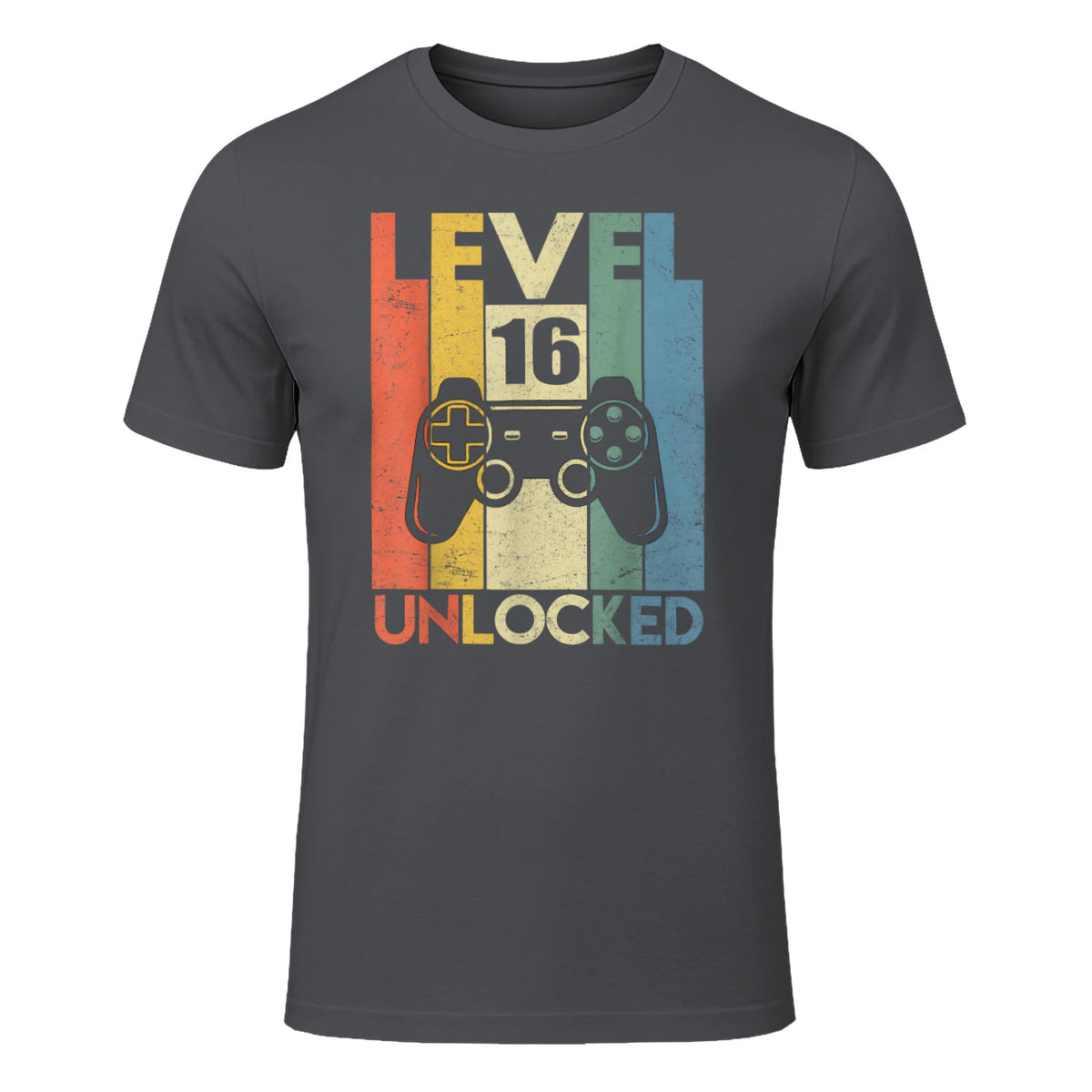 Level Sixteen Unlocked Video Gamer Birthday T-Shirt in Charcoal - front view