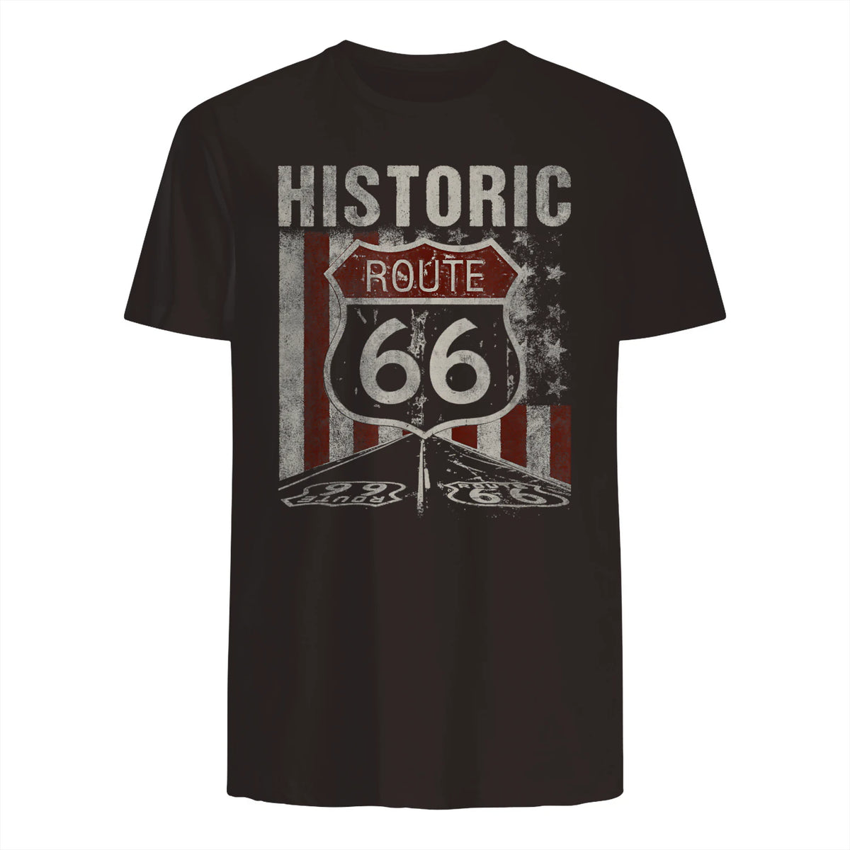Historic USA Route Sixty-Six Highway Road Sign T-Shirt in Dark Chocolate - back view
