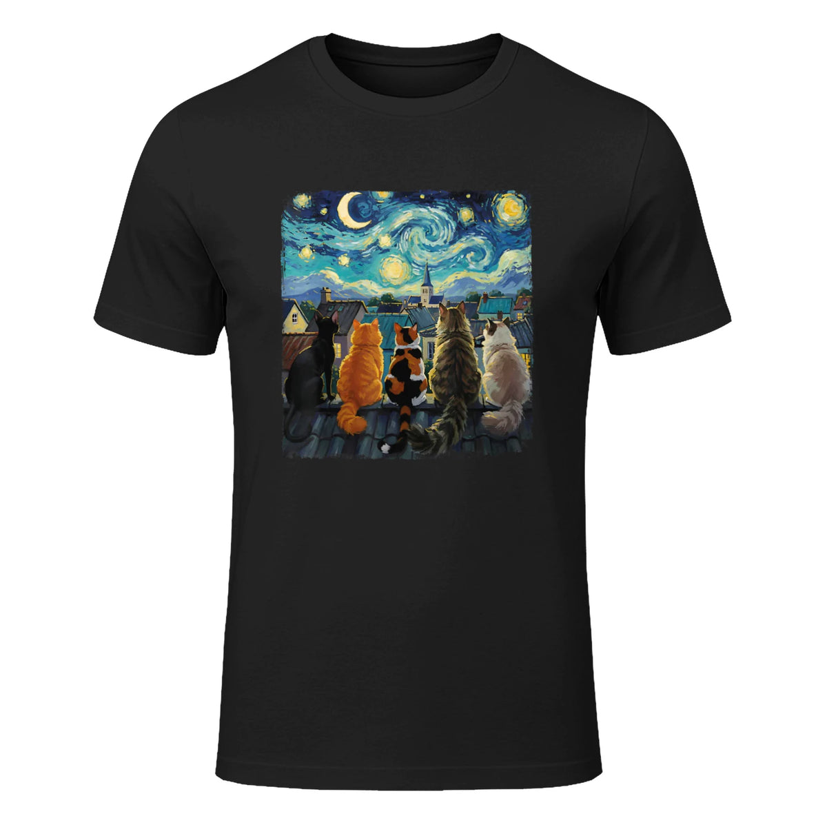Funny Cat Starry Night Van Gogh Cats Rooftop Scene Feline T-Shirt in Black - front view