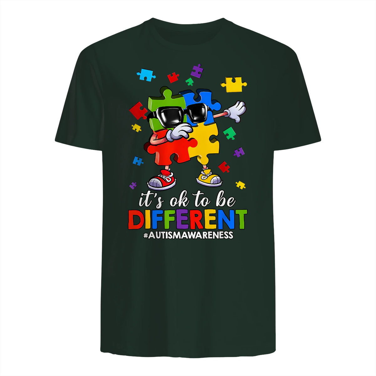 It's OK to Be Different Dabbing Puzzle Autism Awareness Kids in Forest Green - back view