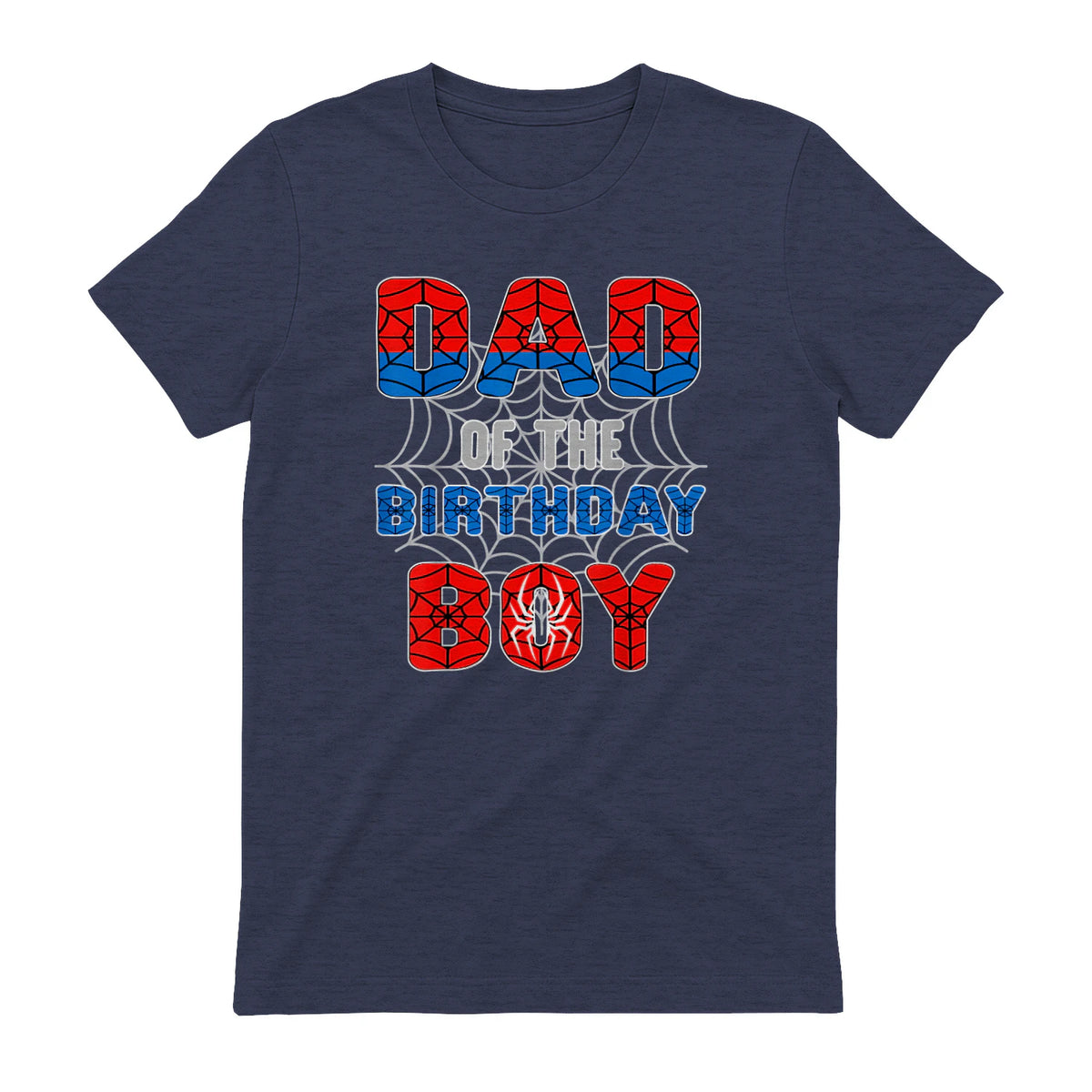 Birthday Boy Dad Spider Web T-Shirt in Heather Navy - back view