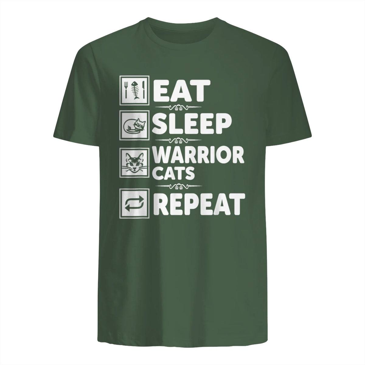Cat & Cats Lover - Eat Sleep Warrior Cat Repeat - Cat T-Shirt in Military Green - back view