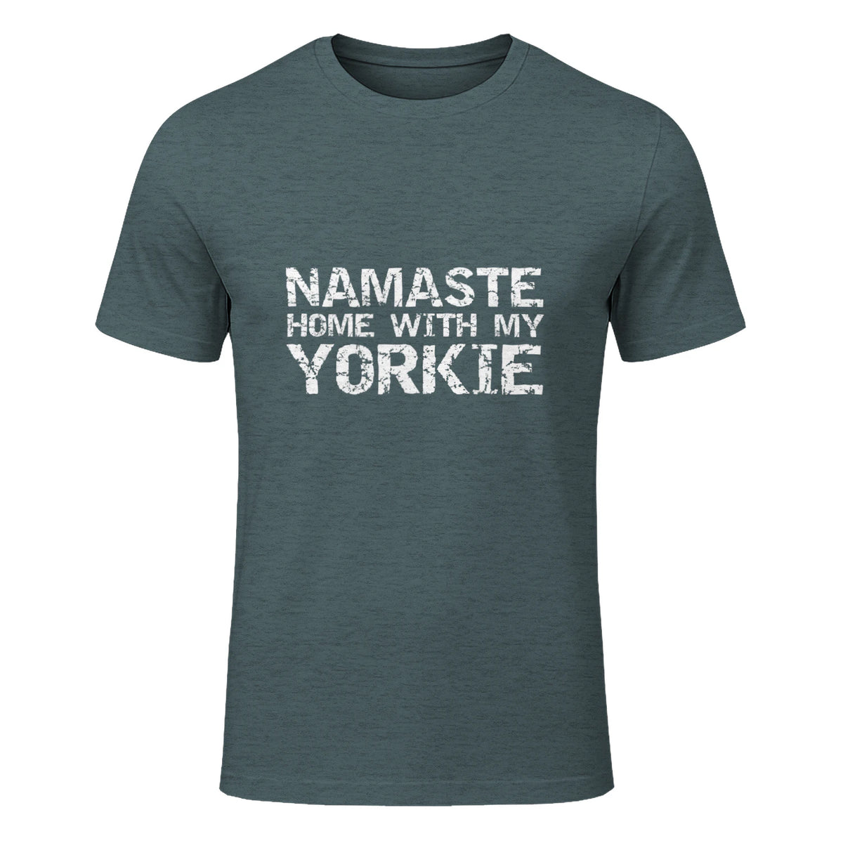 Funny Yoga Pun Introvert Saying Namaste Home with My Yorkie in Dark Heather - front view