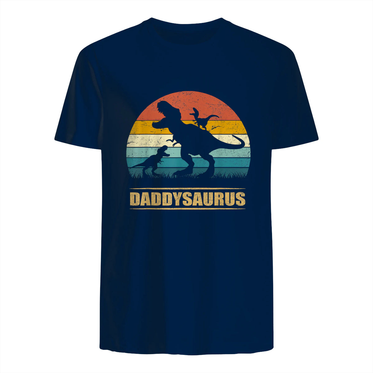 Daddy Dinosaur Daddysaurus Two Kids Funny Father's Day T-Shirt in Navy - back view