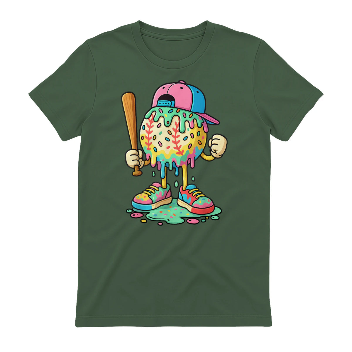 Baseball Drip for Boys Ice Cream Drip Baseball Sport T-Shirt in Military Green - back view