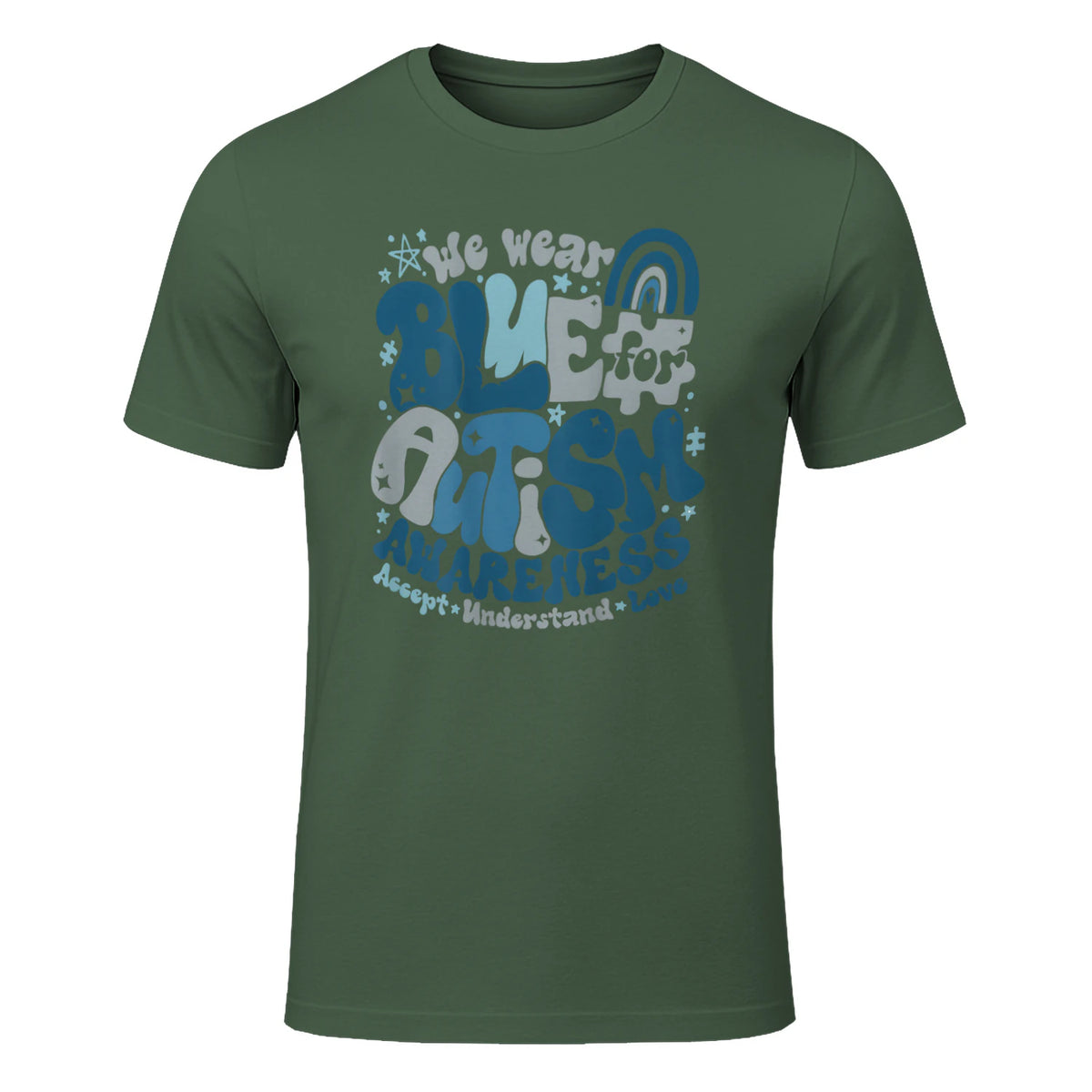 In April We Wear Blue Autism Awareness T-Shirt in Military Green - front view