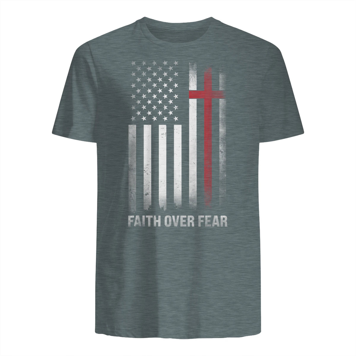 Christian US USA Flag American Christ Faith Over Fear Cross T-Shirt in Dark Heather - back view