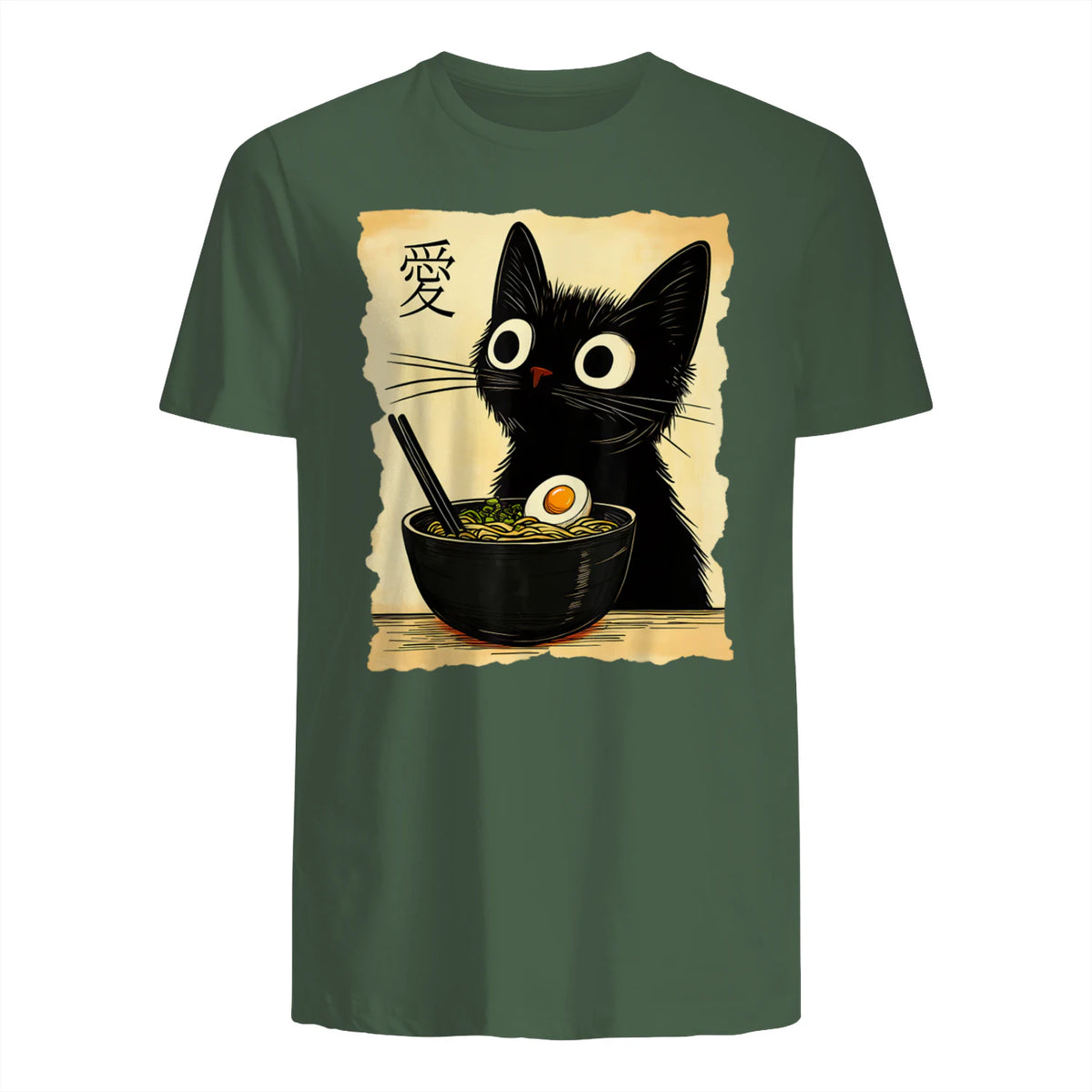 Funny Cat Ramen Graphic Tee Japanese Kawaii Anime Cat T-Shirt in Military Green - back view
