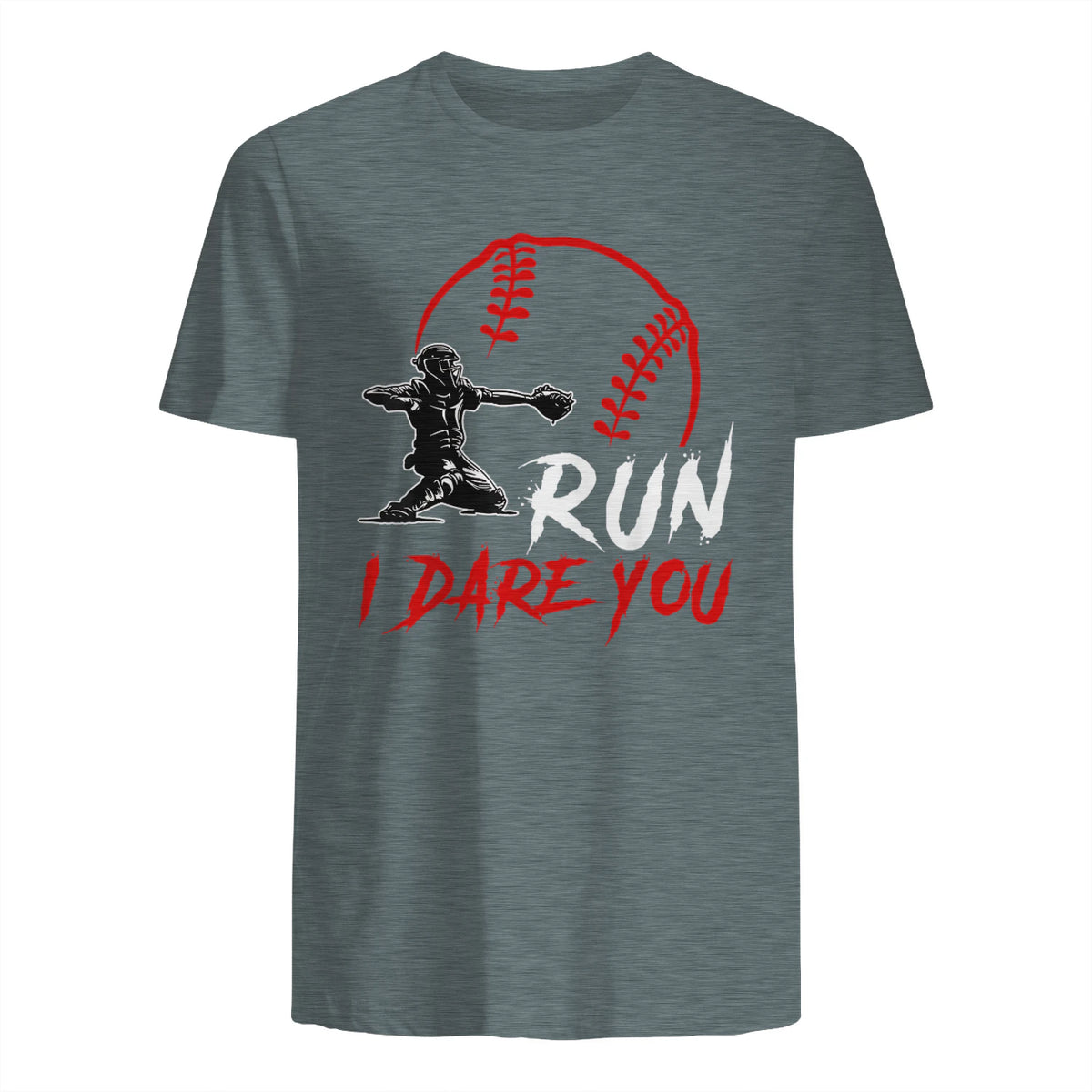 Run Steal I Dare You Humor Baseball Catcher Vintage T-Shirt in Dark Heather - back view