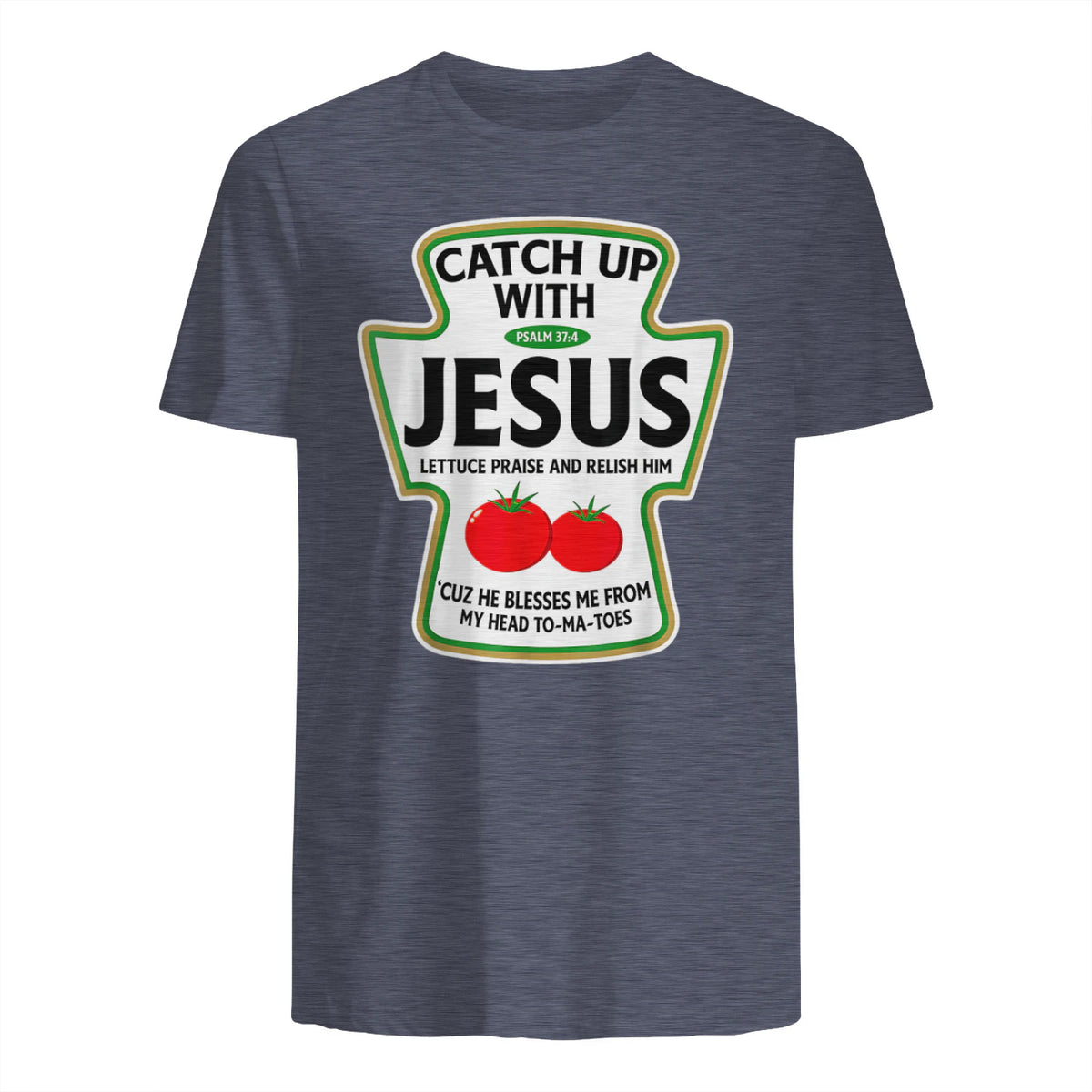 Catch Up with Jesus T-Shirt in Heather Navy - back view