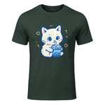 Kawaii Cat Boba Japanese Cute Aesthetic Anime Girls Teens T-Shirt in Forest Green - front view
