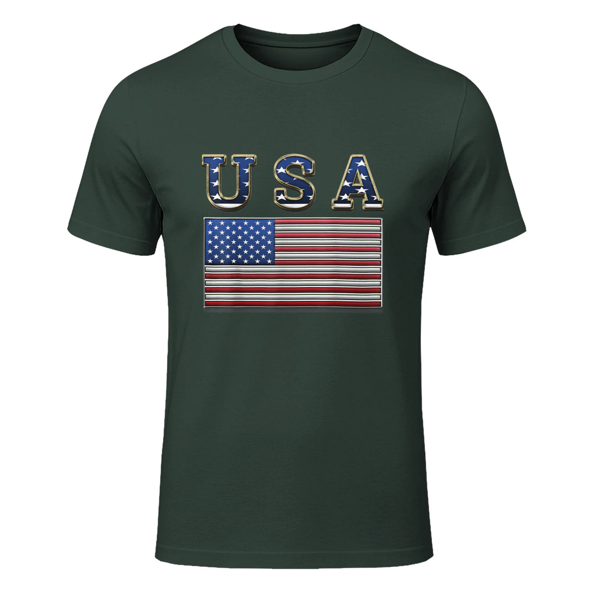 USA American Flag United States US Patriotic T-Shirt in Forest Green - front view