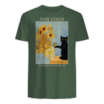 Funny Cat & Sunflowers Van Gogh Art Parody Vintage T-Shirt in Military Green - back view