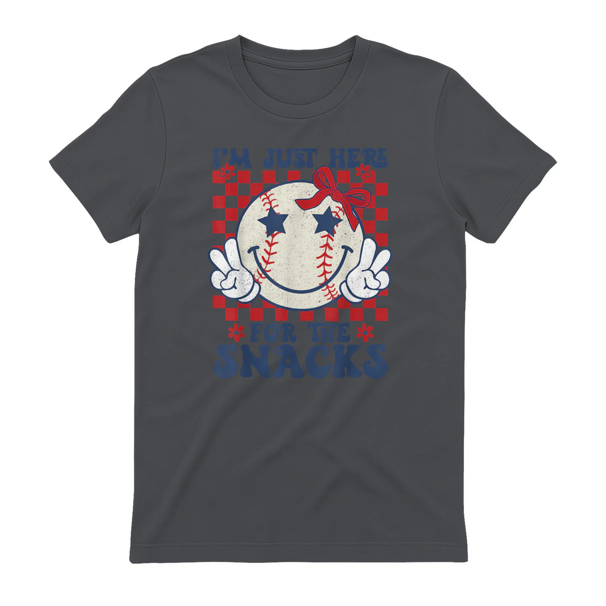 Retro Baseball Sister I'm Just Here for The Snacks Girls Mom T-Shirt in Charcoal - back view