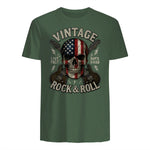 Vintage Rock Skull American Flag Guitar Retro Rock and Roll T-Shirt in Military Green - back view
